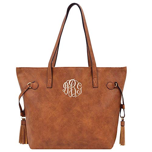 Monogrammed Vegan Leather Womens Shoulder Tote With Tassels (Camel)