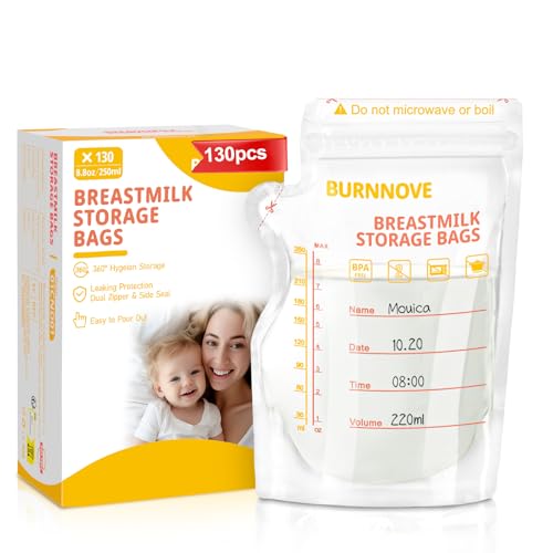 Recipientes para leche materna | Burnnove Bolsas Leche Materna - Pack 130 Unidades Bolsas Almacenamiento Leche Materna - 250ml Bolsas Lactancia Materna Sin Bpa Con Secure Double Seal - Para Congelar, Conservar, Almacenamiento