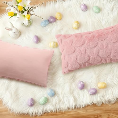 Image of decorUhome Easter Bunny Pillow Covers 12x20 Inch Set of 2, Soft Plush Faux Wool Jacquard Pink Rabbit Cushion Covers, Farmhouse Neutral Spring Easter Holiday Decor for Couch Sofa Bed