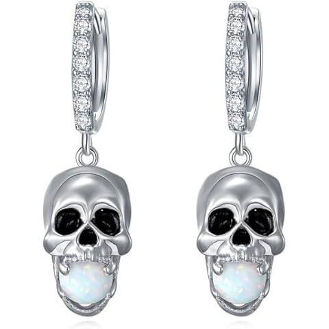 Mens Womens 925 Sterling Silver Opal Skull Hoop Earrings Dangle with Skulls, Skull ...
