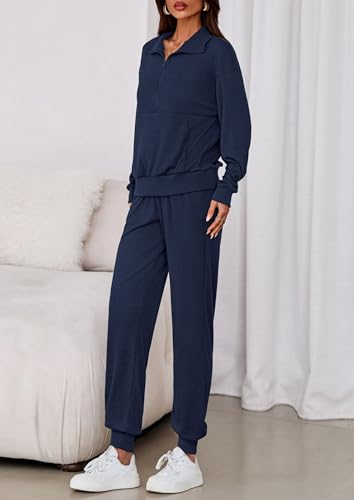 Image of PRETTYGARDEN Women 2 Piece Ribbed Knit Matching Lounge Sets | Comfy Sweat Track Suits, Athleisure Casual Outfit, Half Zip Sweatshirt & Jogger Pants, Fall Winter Clothes for Airport Travel