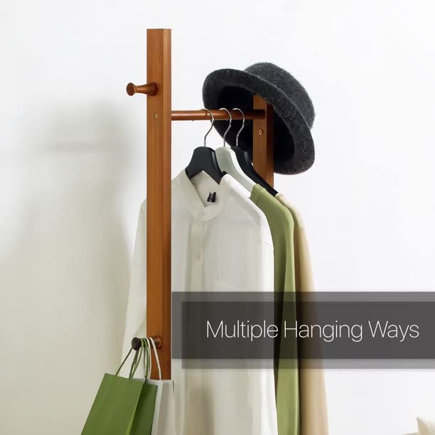 Image of Ginoya Brothers Wooden Coat Rack, Freestanding Hall Tree with Hooks Easy to Assemble Suitable for Children and Adult, Hat Clothes Rack Stand for Bedroom Office Entrance. (92-3 Walnut)