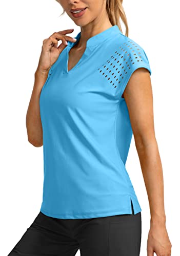 Soothfeel Women's Golf Shirt Cap Sleeve V Neck Polo Shirts Lightweight Quick Dry Workout Tennis Shirts Tops For Women(Sky Blue, S) #TOP1