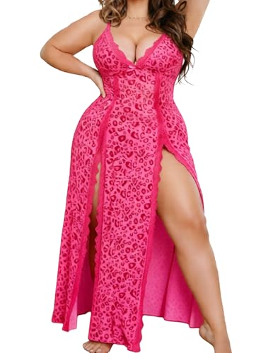 Image of Alrovetoney Plus Size Lingerie For Women Babydoll Sexy Mesh Maxi Nightdress Exotic Sleepwear Side Slits
