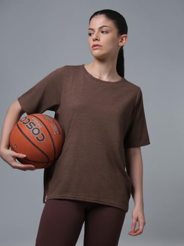 Image of TECHNOSPORT Women Relaxed Fit Cubic Melange Round Neck T-Shirt | Quick Dry Polyester Casual Tee with UPF 50+ UV Protection, Anti-Microbial & Double Cool Technology
