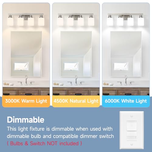 Image of 4-Light Bathroom Vanity Light,Brushed Nickel Vanity Lights with Square Frosted Glass,Modern Bathroom Wall Lights Fixtures Over Mirror,Wall Sconces Lighting for Bedroom Living Room,E26