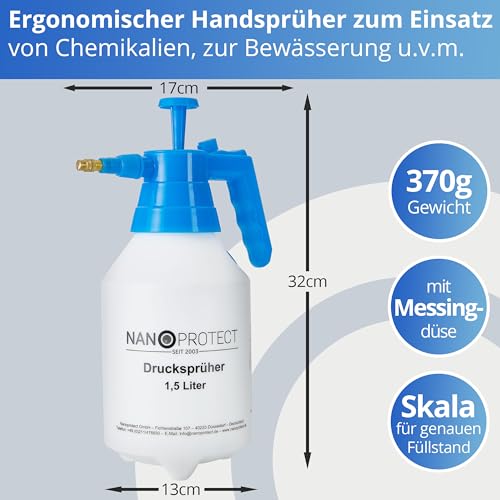 Nanoprotect Handsprüher 1,5 Liter | Drucksprüher mit Verstellbarer Messingdüse | Pumpsprüher | Gartenspritze