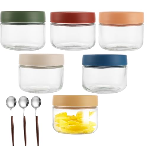 VIDETOL Overnight Oats - Juego de 6 tarros de cristal reutilizables con tapa de rosca y cuchara, 300 ml, para cereales, pudín, yogur, gachas, mermelada