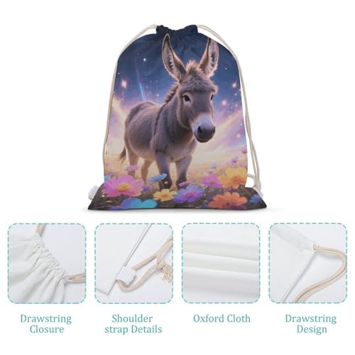 Donkey in Magic Blooms Drawstring Backpack - Canvas Sports Gym Sackpack, Lightweight String Bag for Beach & Travel4