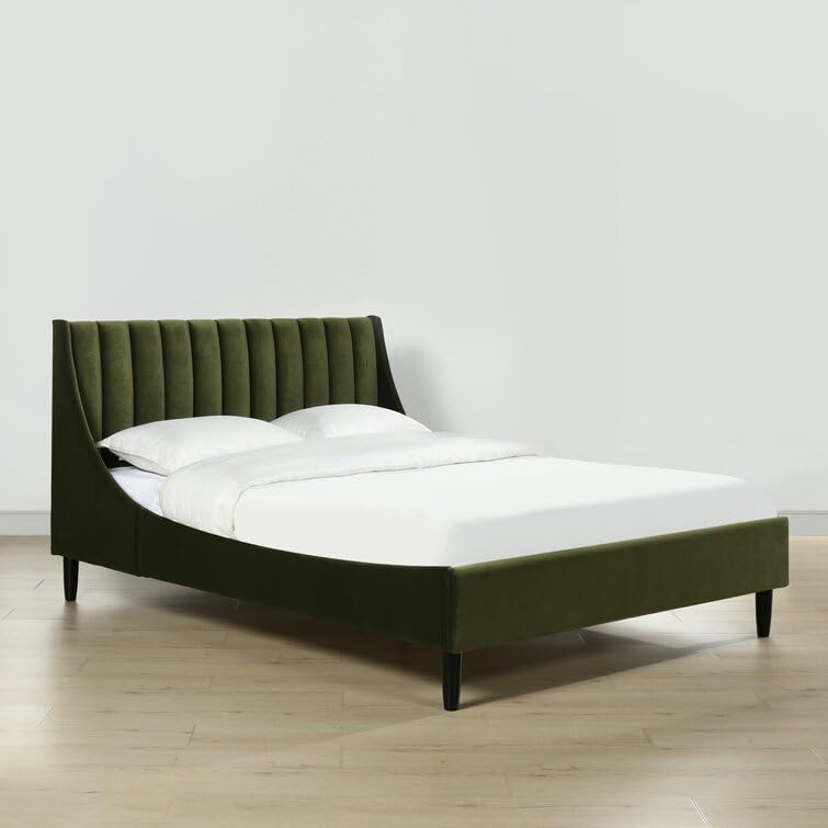 Image of HITHOS Solid Wood Modern Upholstered Queen Size Bed with Wingback Headboard | Wooden Double Bed Cot Palang Without Storage (Olive Green) 1 Year Warranty