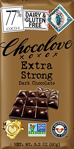 Chocolove Extra Strong Dark Chocolate, 77% Cacao | 12 Pack | Non GMO, Rainforest Alliance Certified Cacao | 3.2oz Bar