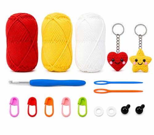 Image of Viharini Crochet Kit for Beginners with Yarn, Hooks, Stitch Markers, Knitting Needles, Eyes, Keychain, DIY Tools & Crochet Thread - Complete Crocheting Set for Adults and Kids (Red Yellow White)