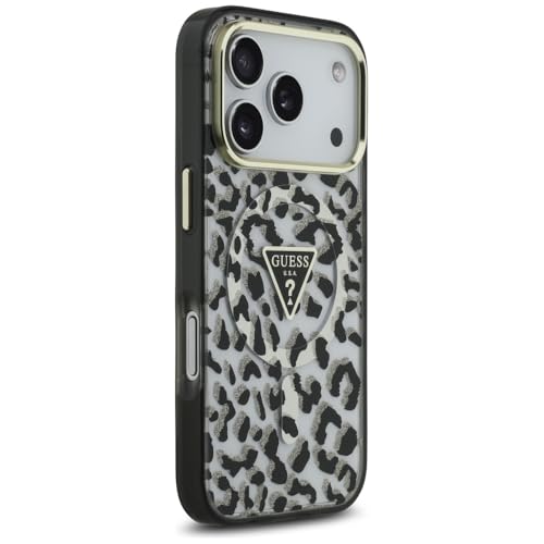 Coque MagSafe iPhone 17 Pro Guess imprimé léopard chic noir pailleté
