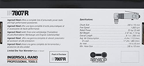 Ingersoll Rand 7807R 3/8” Reversible Air Angle Drill, Standard Duty, 1800 Rpm, Quiet, Durable Jacobs Multi-Craft Chuck, Grease Plug #TOP5