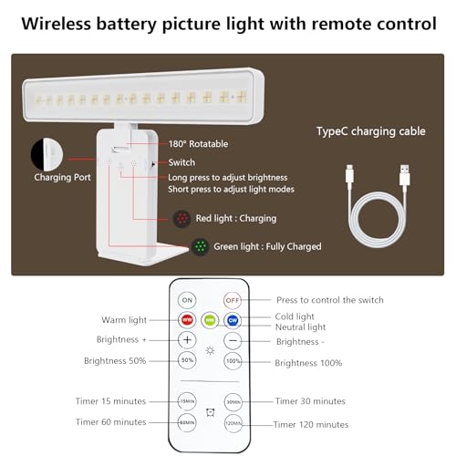 Image of Picture Lights for Wall, 4500mAh Rechargeable Battery Painting Lights with 3 Color Temps,Remote Dimmable Timer Poster Light,Wall Decor Light for Art Display,Frame