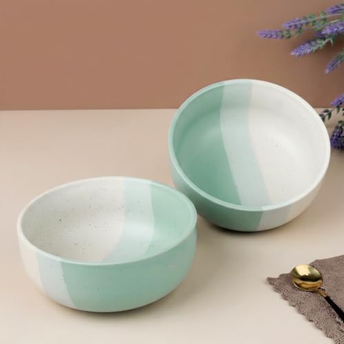 Image of The Earth Store TT Green Large Ceramic Bowl Set of 2, 800 ML | Microwave & Dishwasher Safe Serving Bowl for Mixing | Ideal Use for Salad, Cereal, Noodle, Pasta | Home & Restaurant Use