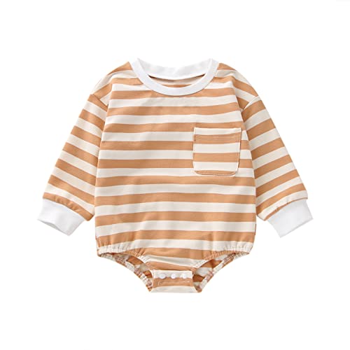 Image of Newborn Baby Boy Girl Fall Outfit One Piece Striped Long Sleeve Oversized Romper Bodysuit Cute Neutral Baby Clothes