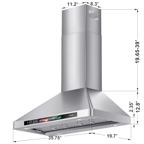 BRANO 36 Inch Wall Mount Range Hood 900 CFM with Voice/Gesture/Touch Control, Stainless Steel Vent Hood with 4 Speed, 4 Adjustable Lights, Ducted/Ductless Convertible