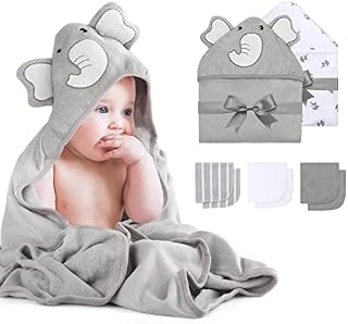 momcozy Hooded Baby Towel Set, 8-Piece Baby Bath Towel Set, 2Pcs Baby Towel and 6Pcs Baby Wash Cloth, Soft and Super Absorbent Baby Washcloths for Toddlers, Baby Shower Set Cute Elephant
