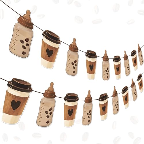 Coffee Theme Baby Shower Banner Pre-strung A Baby is Brewing Baby Shower Decorations LUCKYQUBE 2PCS Brown Double-sided Baby Bottle and Coffee Cutout Banners for Gender Reveal Party Supplies