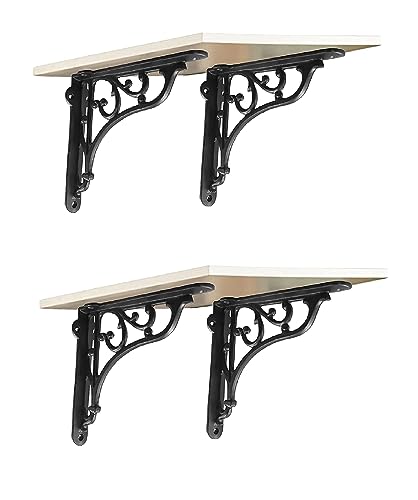 Image of GHAR DWAR Metal Handcrafted Shelf Bracket for Floating Shelves L Angle Decorative L Shaped Corner Brace Joint Heavy Duty Wall Mounted Shelf Supporter Brace Holder (Black, Pack of 4)
