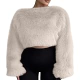 Faux Fur Coats for Women Shaggy Warm Winter Crop Tops Furry Long Sleeve Crewneck Outerwear 2025 Fashion White