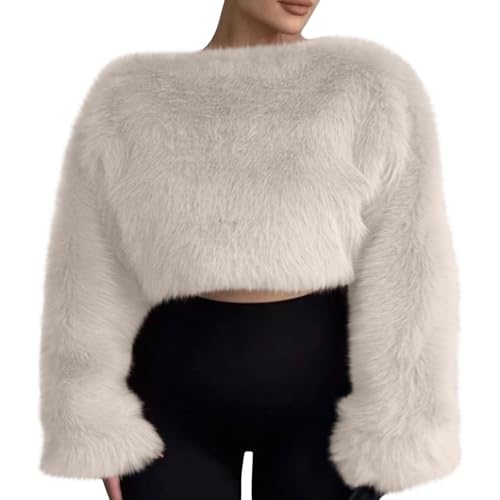 Faux Fur Coats for Women Shaggy Warm Winter Crop Tops Furry Long Sleeve Crewneck Outerwear 2025 Fashion White