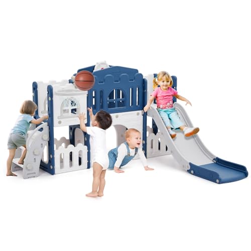 Kids Slide 8 In 1, Large Toddler Slide Playground Outdoor & Indoor With Basketball Hoop, Climber, Telescope, Tunnel and Storage Space, Freestanding Slides for Age 1-3