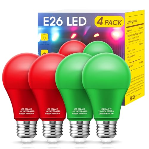 Red Light Bulbs Green Light Bulbs [4 Pack] - A19 LED Red and Green Bulbs 9W (60W Equivalent) - E26 Base Red Light Bulb Outdoor, Colored Light Bulbs for Christmas Party Porch Decor (2 Red+2 Green)