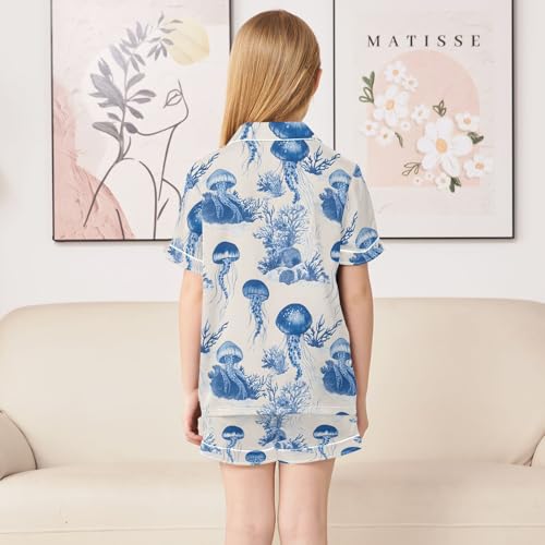 Blue Jellyfish Coral Pajamas Sets Short Sleeve Silk Stain Pjs Button Down Sleepwear for 5-14Y4