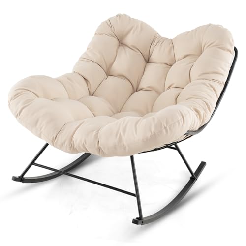 COSTWAY Outdoor Rocking Chair Oversized Patio Wicker Egg Chair with Thick and Removable Cushion Rattan Comfy Rocking Lounge Chairs for Living Room Balcony & Yard (Beige 110 x 95 x 94 cm)