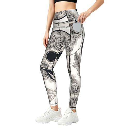 Leggings de calavera mexicana con bolsillos para fitness activo YQTGBCED