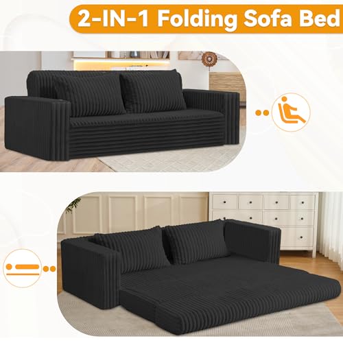 Image of HABUTWAY Folding Sofa Bed, 2 in 1 Convertible Sleeper Chair with 2 Pillows, Portable Fold Out Chair Bed with Armrest, Comfy Floor Couch, Lazy Sofa for Living Room Bedroom Dorm Home Office, Black
