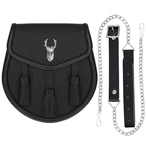 Image of Scottish Original Leather Sporran with Leather Belt & Chain (Black Leather Stag Head Sporran)