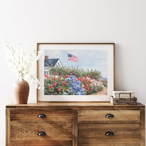 Image of JarThenaAMCS Patriotic Canvas Wall Art Prints Vintage Coastal Summer Wall Decor Wildflower American Flag Art Poster for 250th Anniversary 4th of July Independence Day Gallery Home Room (UNFRAMED)
