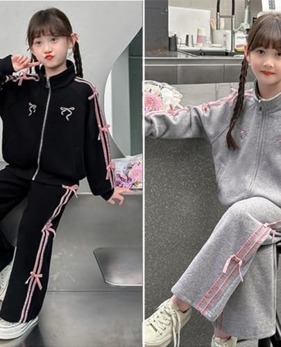 MW&FOFJR Teen Girls Clothing Set Striped Bow Zip Jacket+Pants 2Pcs Leisure Tracksuit for Kids Clothes2
