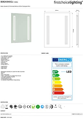 Bathroom Wall Mounted Mirror with LED Light - Vanity Shaving Make Up Mirrors with Push Switch - 60 x 40cm - Battery Operated, No Wiring Required!