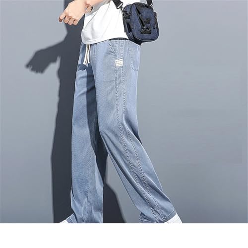 Dvbfufv Men's Spring Summer Soft Thin Straight Wide Leg Jeans Pants Drawstring Elastic Waist Loose Casual Pant3