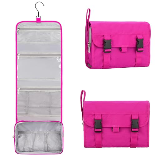 Relavel HangingTravel Toiletry Bag for Women, Large Capacity Toiletries Bag, Travel Essentials Organizer, Hanging Makeup Case for Accessories, Waterproof Bathroom Shower Bag (hot pink)
