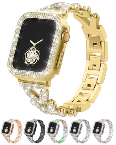 Image of Rhinestones Encrusted Metal Bracelet and Case, Compatible with Apple Watch Bands 38mm-49mm (Series 11 /10 /1 /SE /Ultra 2)- Bling Gold Women's Jewelry Strap, Luxury iWatch Bracelet