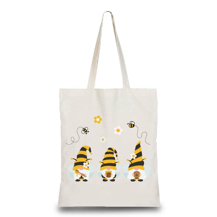 CREATCABIN Gnome Bee Cotton Tote Bag Canvas 100% Cotton Reusable Shopping Bags Beach Bag Summer Grocery Bags Eco-Friendly Aesthetic DIY Craft Multi-Function for Women Gifts Daily Life 13.3 x 15 Inch