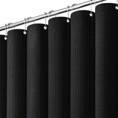 Dynamene Black Fabric Shower Curtain, Waffle Weave Heavy Duty Thick Fabric Shower Curtains for...