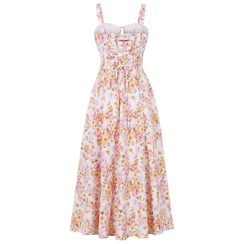 Image of Women Floral Corset Dress 2026 Boho Midi Sundress Summer Dress | Flowy A-Line Dress with Adjustable Spaghetti Straps Lace Up Back Front Slit High Waist for Vacation Wedding Guest