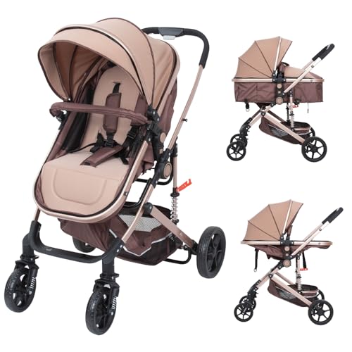 Image of PEARLOVE Baby Stroller Newborn Foldable Pushchair with Adjustable Canopy Folding High Landscape Infant Carriage, Anti-Shock Toddler Pushchair (Khaki)