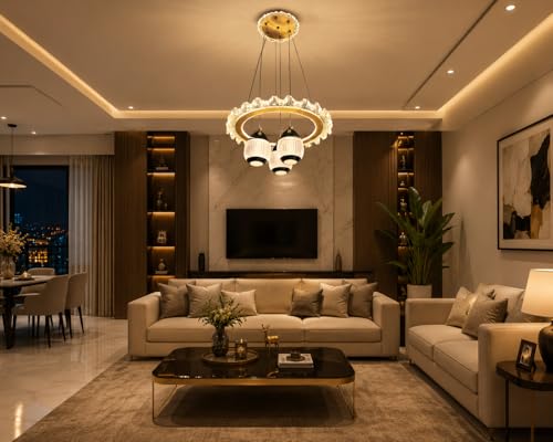 Image of Modern Premium Curved LED Gold Finish with 3 Different Color Mode (Warm White, Cool White, Neutral White) Chandelier with Height Adjustable Hanging for Bedroom, Living, Dining, Etc