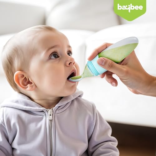 Image of BAYBEE Baby Silicone Food Feeder | Bpa Free & Leak Proof Soft Spoon Feeding for Babies, Infants | Anti-Colic Semi-Solid Squeezy Food Feeder Bottle for Baby 6 to 12 Months (200 ml, Aqua)