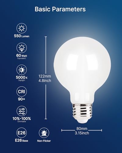 Image of FLSNT G25 LED Globe Bulb, 60W Equivalent 550 Lumens, White Glass 5000K Daylight, Dimmable, E26 Base, CRI90+, for Bathroom Vanity & Mirror Lighting, UL Listed, 6 Pack
