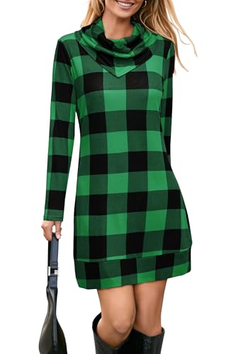 STYLEWORD Women's 2025 Christmas Sweater Winter Top Plaid Dress Long Sleeve Cowl Neck Tunic Tops Shirts for Legging Outfit(Black and Green Plaid,L)