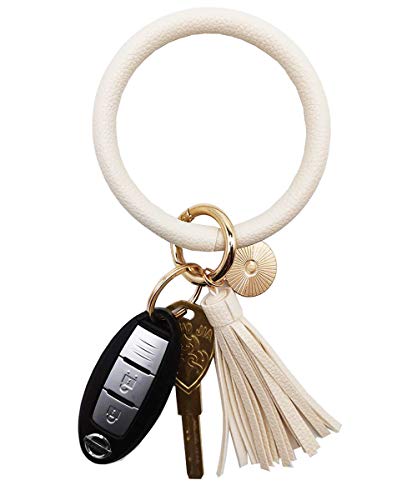 Weixiltc Large Circle Key Ring Leather Tassel Bracelet Holder Keychain Keyring For Women Girl (Beige)