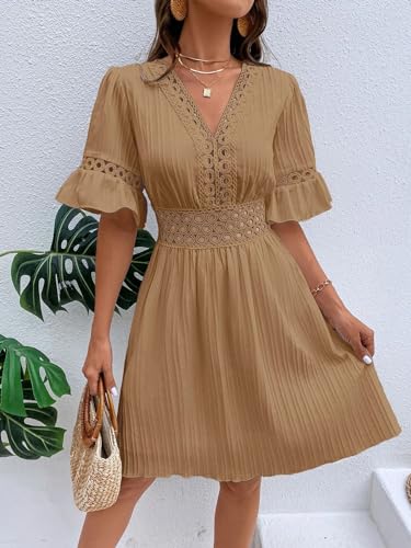 Image of Womens Summer Dresses V-Neck Lace Insert Flounce Casual Lightweight Sleeve Midi Dresses for Women 2025 Trendy